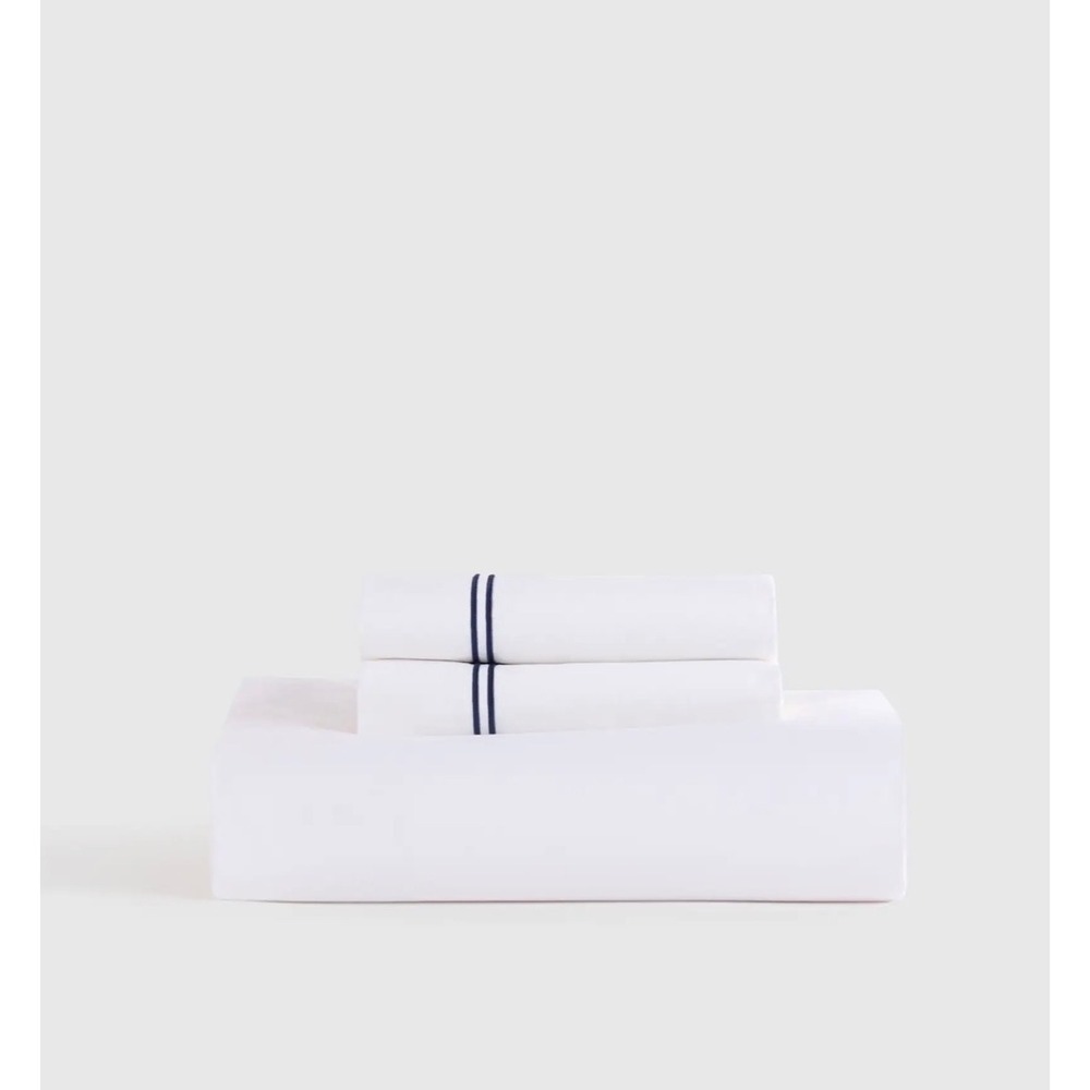Quince Organic Crisp Percale 100% Cotton Top Sheet Set King White/Navy